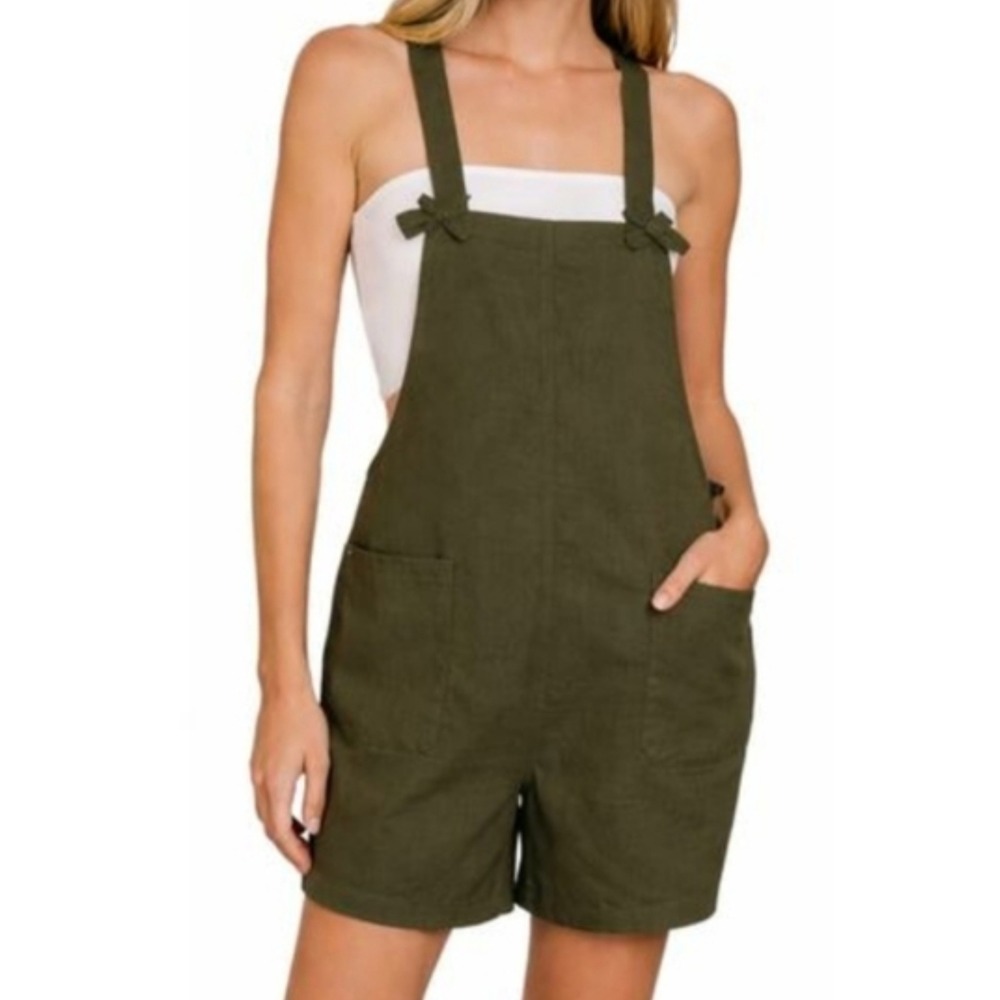 Zenana Ready Or Knot‎ Woven Romper Dark Olive Overall Shorts 7302A5 Med